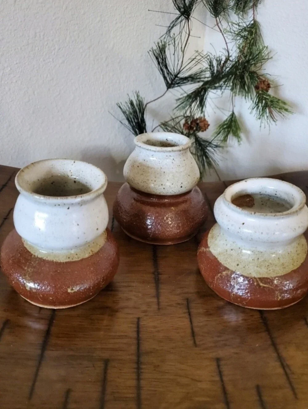 MCM Hand Thrown Pottery Set 3 Mini Vases Rustic Ceramic Candle Holders Jars